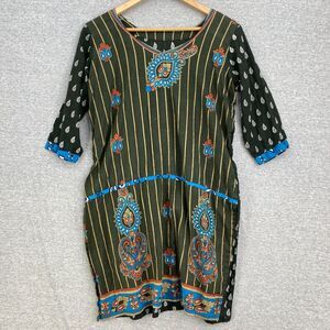 Colorfull Tunic Top Womens Large Green Multicolored 3/4 Sleeve Split Sides